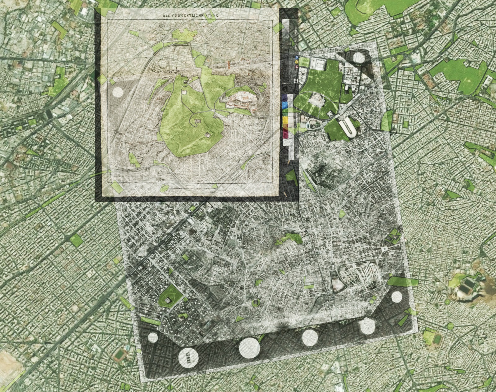 Γεωαναφορά αεροφωτογραφίας της Αθήνας του 1939 (κλίμακα 1:18000) από τη Γεωγραφική Υπηρεσία Στρατού και του χάρτη των Curtius, E. & Kaupert, J. A. Atlas von Athen. Berlin 1878: ΒΙ.ΙΙΙ (κλίμακα 1:4000) επάνω σε σύγχρονο υπόβαθρο.