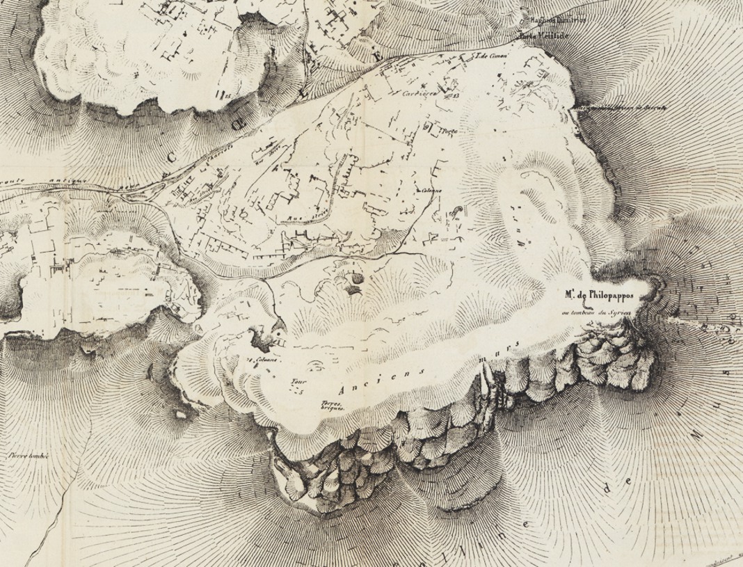 Απόσπασμα από το χάρτη για τους δυτικούς λόφους της Αθήνας του É. Burnouf (Notice pour le plan d'Athènes antique, Archives des Missions Scientifiques Ve cahier. 1856).